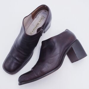 Vintage 90s y2k Square Toe Chunky Heel Brown‎ Leather Heeled Loafer Low Boot 9.5